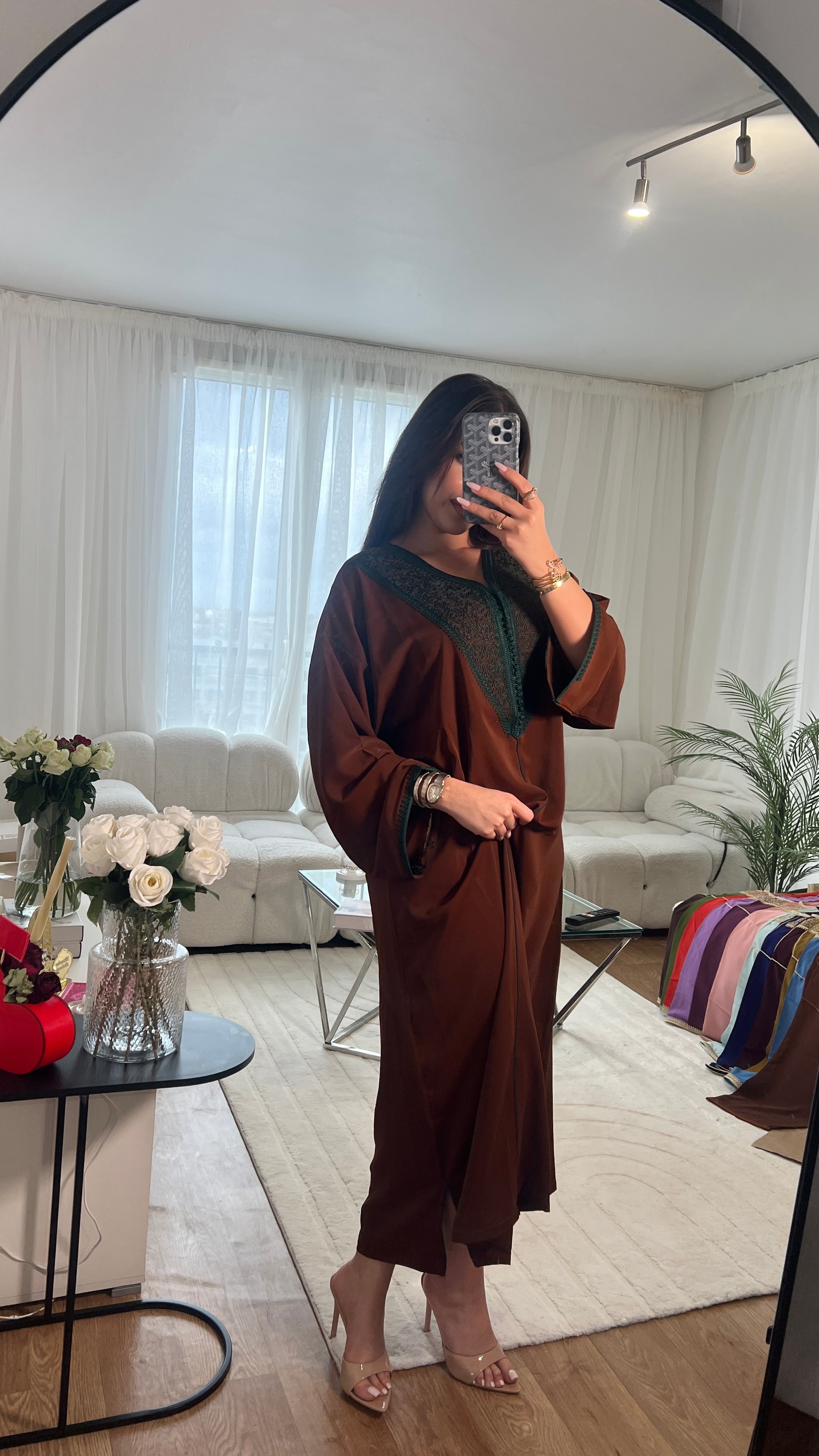 Caftan Marocain léger - Marron détail vert